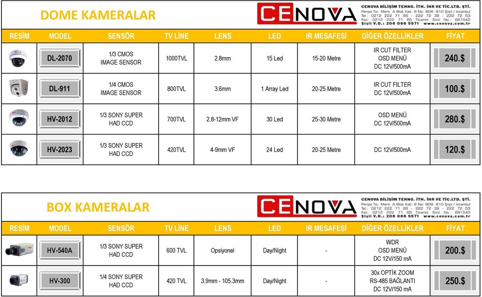 $ HV-2023 1/3 SONY SUPER HAD CCD 420TVL 4-9mm VF 24 Led 20-25 Metre DC 12V/500mA BOX KAMERALAR RESİM MODEL SENSÖR TV LİNE LENS LED IR MESAFESİ DİĞER ÖZELLİKLER FİYAT