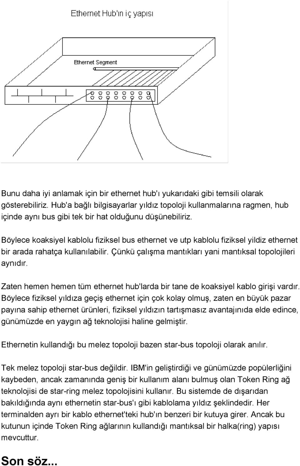 Böylece koaksiyel kablolu fiziksel bus ethernet ve utp kablolu fiziksel yildiz ethernet bir arada rahatça kullanılabilir. Çünkü çalışma mantıkları yani mantıksal topolojileri aynıdır.