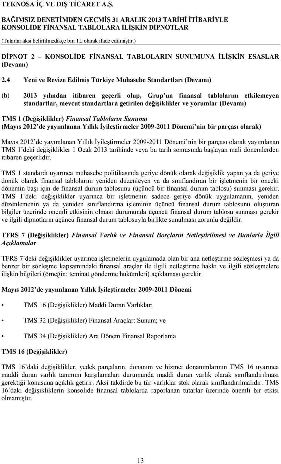 değişiklikler ve yorumlar (Devamı) TMS 1 (Değişiklikler) Finansal Tabloların Sunumu (Mayıs 2012 de yayımlanan Yıllık İyileştirmeler 2009-2011 Dönemi nin bir parçası olarak) Mayıs 2012 de yayımlanan