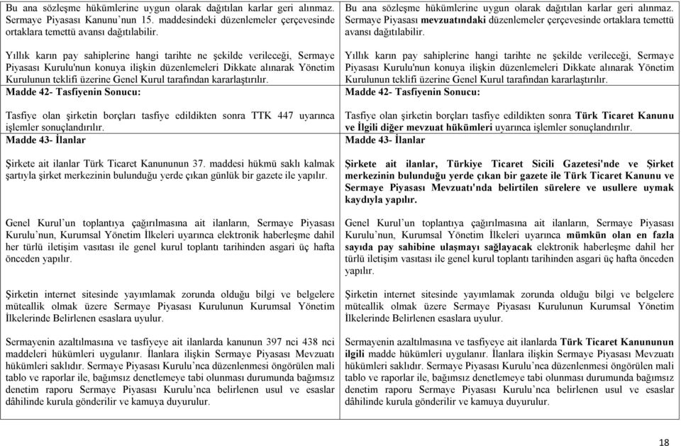 kararlaştırılır. Madde 42- Tasfiyenin Sonucu: Tasfiye olan şirketin borçları tasfiye edildikten sonra TTK 447 uyarınca işlemler sonuçlandırılır.