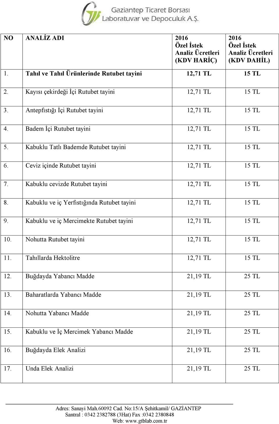 Kabuklu cevizde Rutubet tayini 12,71 TL 15 TL 8. Kabuklu ve iç Yerfıstığında Rutubet tayini 12,71 TL 15 TL 9. Kabuklu ve iç Mercimekte Rutubet tayini 12,71 TL 15 TL 10.