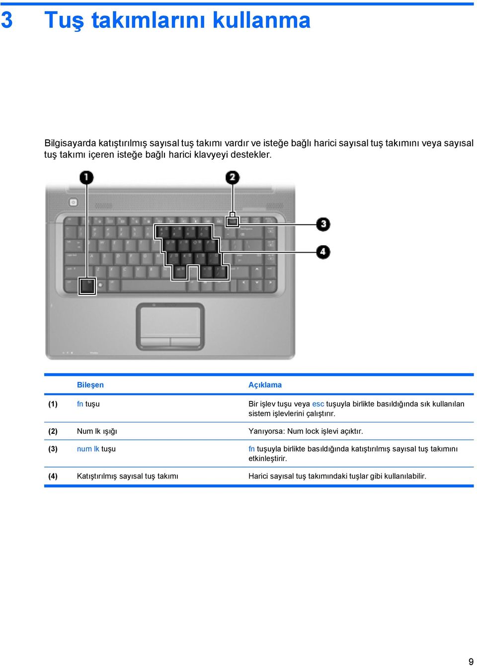 Bileşen Açıklama (1) fn tuşu Bir işlev tuşu veya esc tuşuyla birlikte basıldığında sık kullanılan sistem işlevlerini çalıştırır.
