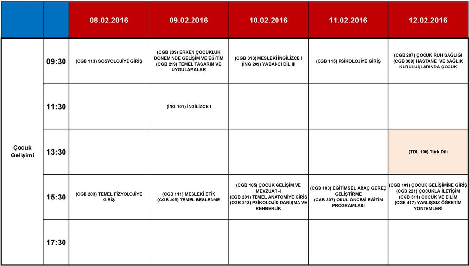 GİRİŞ (CGB 111) MESLEKİ ETİK (CGB 205) TEMEL BESLENME (CGB 105) ÇOCUK GELİŞİM VE MEVZUAT -I (CGB 201) TEMEL ANATOMİYE GİRİŞ (CGB 213) PSİKOLOJİK DANIŞMA VE REHBERLİK (CGB 103)