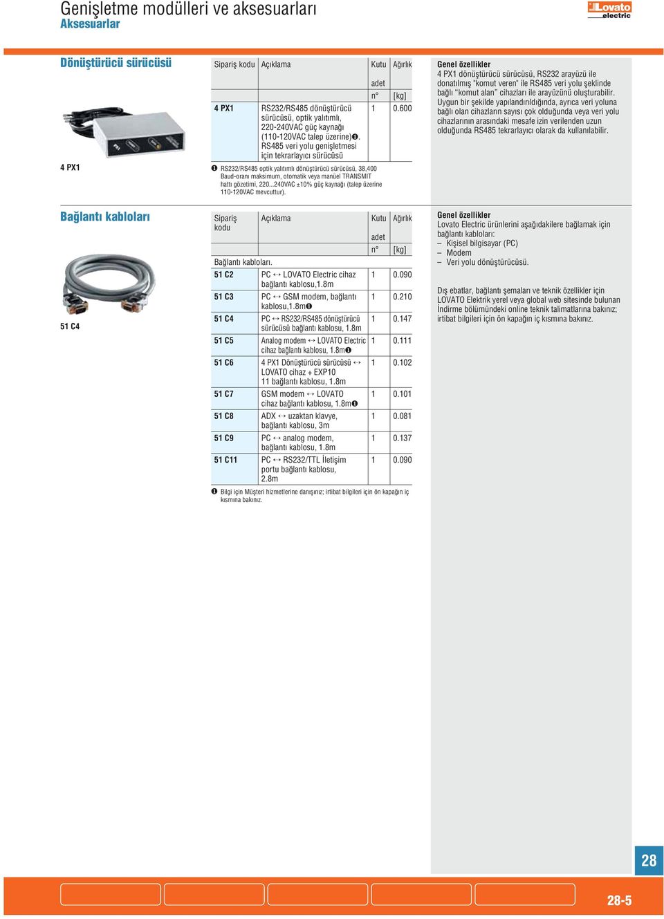 ..240VAC ±10% güç kaynağı (talep üzerine 110-120VAC mevcuttur). Bağlantı kabloları Sipariş Açıklama Kutu Ağırlık kodu 51 C4 Bağlantı kabloları. 51 C2 PC LOVATO Electric cihaz 1 0.