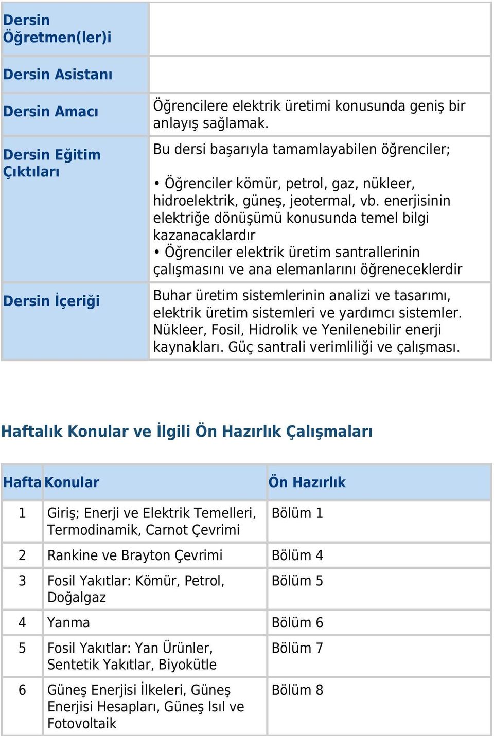 enerjisinin elektriğe dönüşümü konusunda temel bilgi kazanacaklardır Öğrenciler elektrik üretim santrallerinin çalışmasını ve ana elemanlarını öğreneceklerdir Buhar üretim sistemlerinin analizi ve