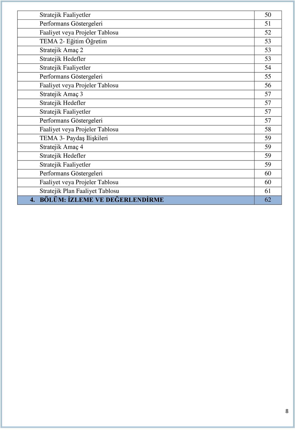 Faaliyetler 57 Performans Göstergeleri 57 Faaliyet veya Projeler Tablosu 58 TEMA 3- Paydaş İlişkileri 59 Stratejik Amaç 4 59 Stratejik Hedefler 59