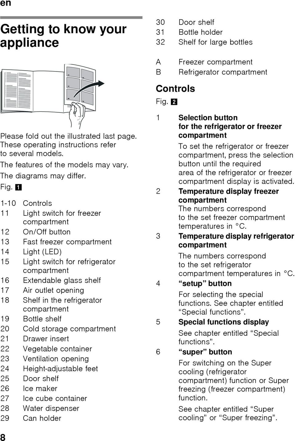 1 1-10 Controls 11 Light switch for freezer compartment 12 On/Off button 13 Fast freezer compartment 14 Light (LED) 15 Light switch for refrigerator compartment 16 Extendable glass shelf 17 Air