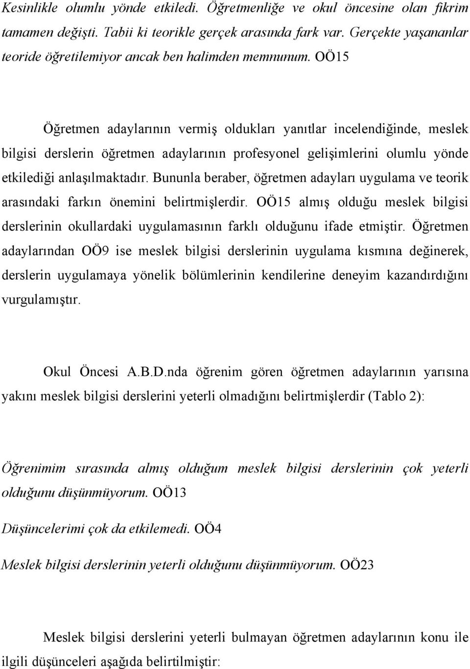 OÖ15 Öğretmen adaylarının vermiş oldukları yanıtlar incelendiğinde, meslek bilgisi derslerin öğretmen adaylarının profesyonel gelişimlerini olumlu yönde etkilediği anlaşılmaktadır.