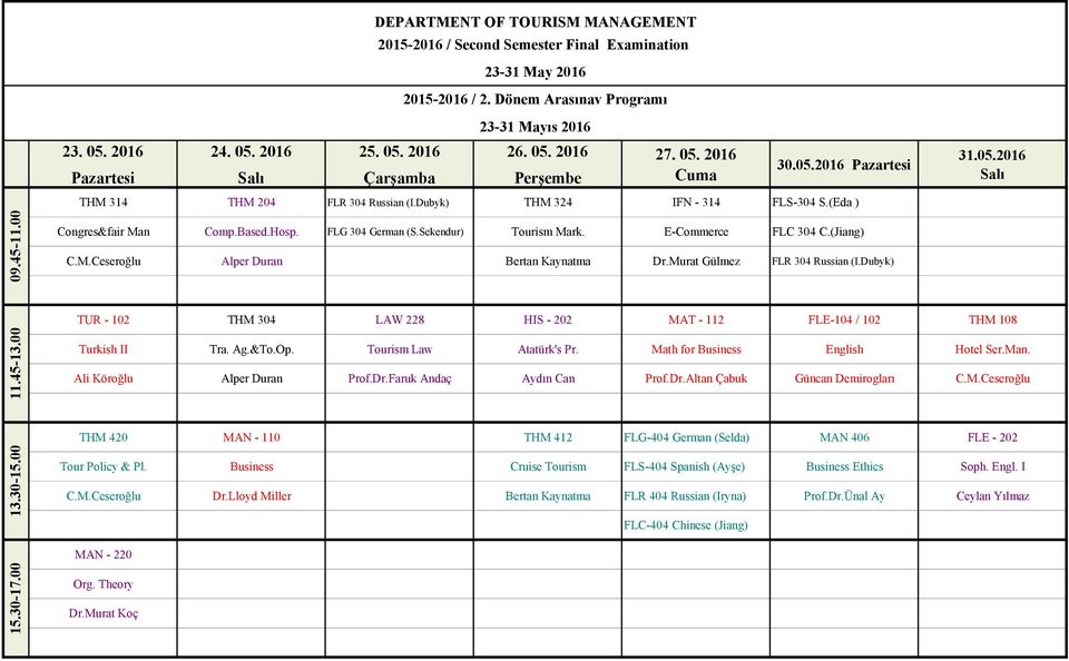 &To.Op. Tourism Law Atatürk's Pr. Math for Business English Hotel Ser.Man. Ali Köroğlu Alper Duran Prof.Dr.Faruk Andaç Aydın Can Prof.Dr.Altan Çabuk Güncan Demirogları C.M.Ceseroğlu THM 420 MAN - 110 THM 412 FLG-404 German (Selda) MAN 406 FLE - 202 Tour Policy & Pl.