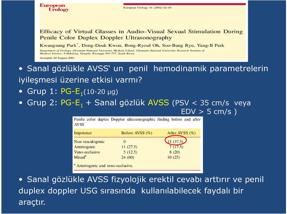 Grup 1: PG-E 1 (10-20 µg) Grup 2: PG-E 1 + Sanal gözlük AVSS (PSV < 35 cm/s