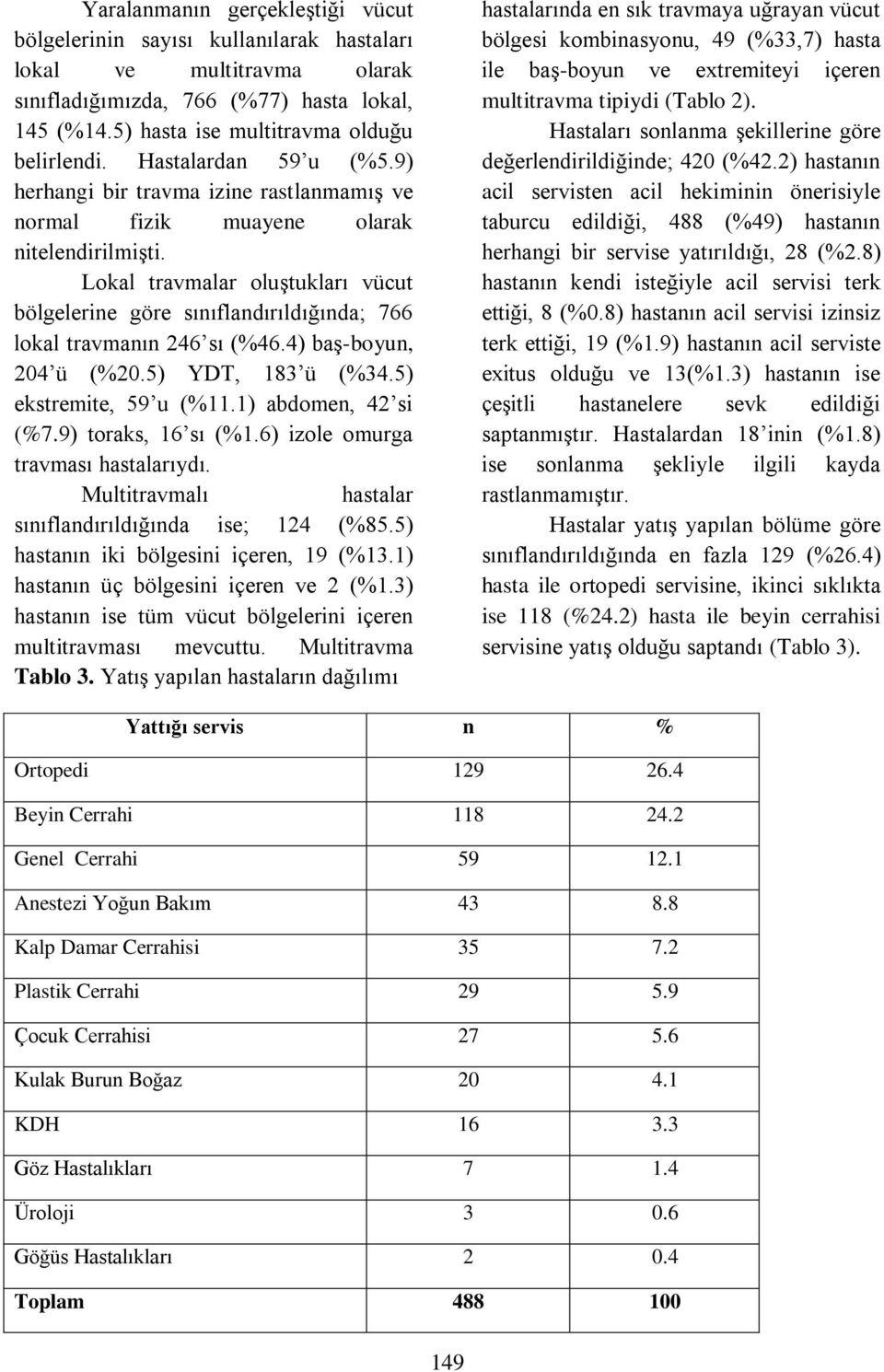 Lokal travmalar oluştukları vücut bölgelerine göre sınıflandırıldığında; 766 lokal travmanın 246 sı (%46.4) baş-boyun, 204 ü (%20.5) YDT, 183 ü (%34.5) ekstremite, 59 u (%11.1) abdomen, 42 si (%7.