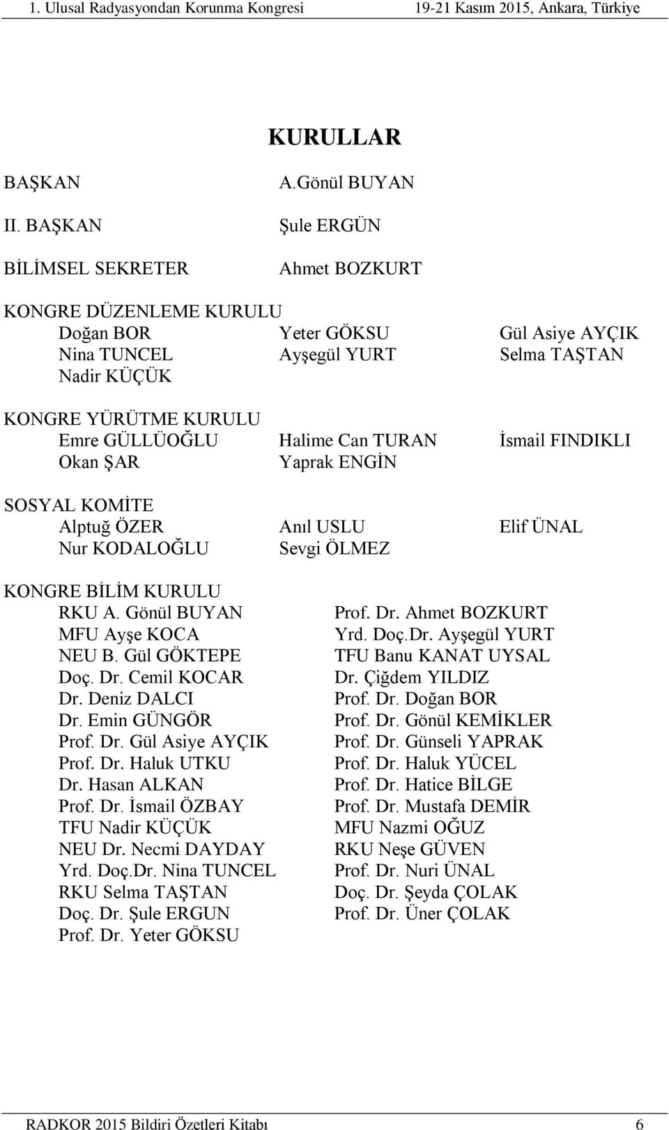 TURAN İsmail FINDIKLI Okan ŞAR Yaprak ENGİN SOSYAL KOMİTE Alptuğ ÖZER Anıl USLU Elif ÜNAL Nur KODALOĞLU Sevgi ÖLMEZ KONGRE BİLİM KURULU RKU A. Gönül BUYAN MFU Ayşe KOCA NEU B. Gül GÖKTEPE Doç. Dr.