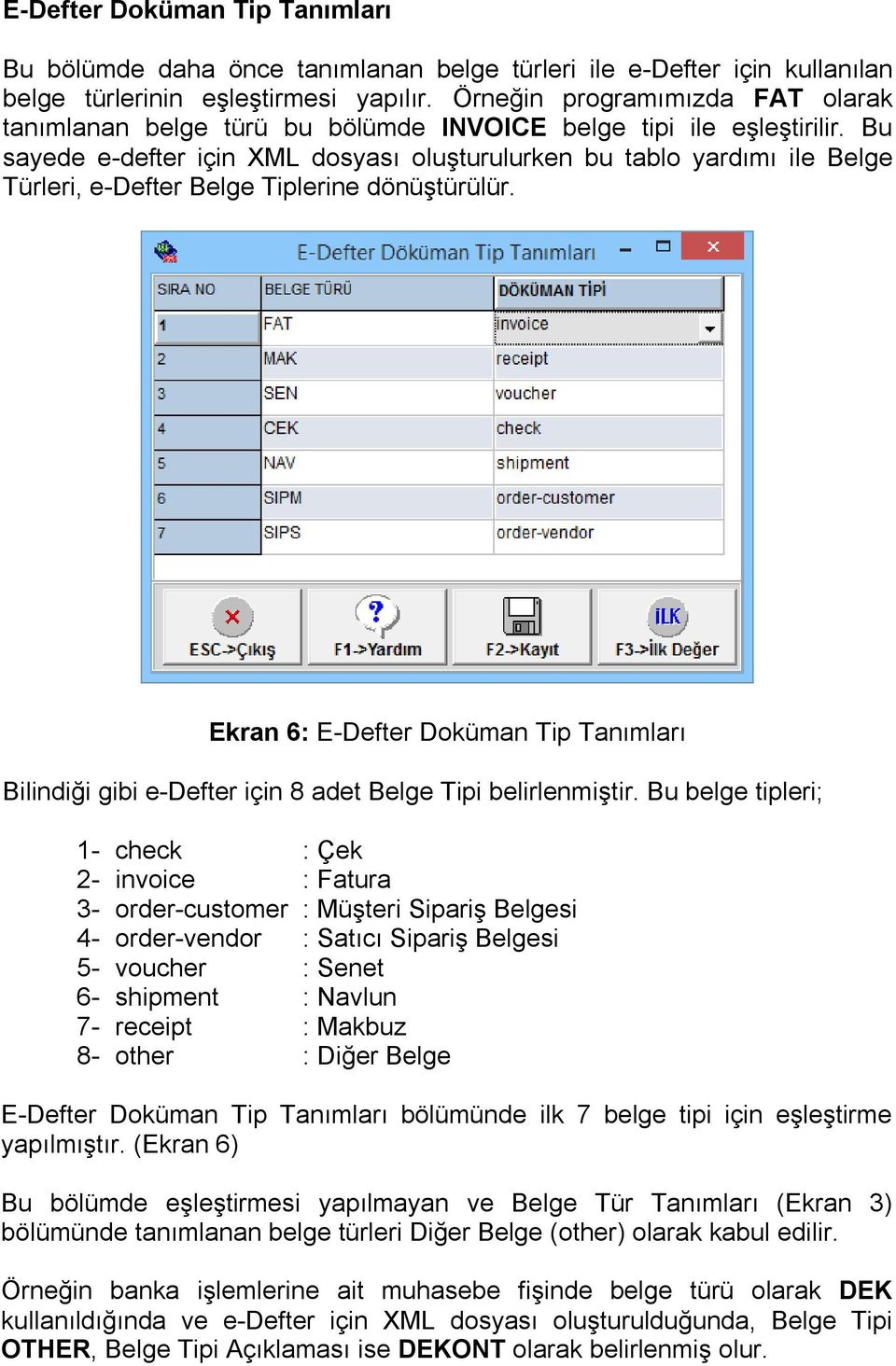 Bu sayede e-defter için XML dosyası oluşturulurken bu tablo yardımı ile Belge Türleri, e-defter Belge Tiplerine dönüştürülür.