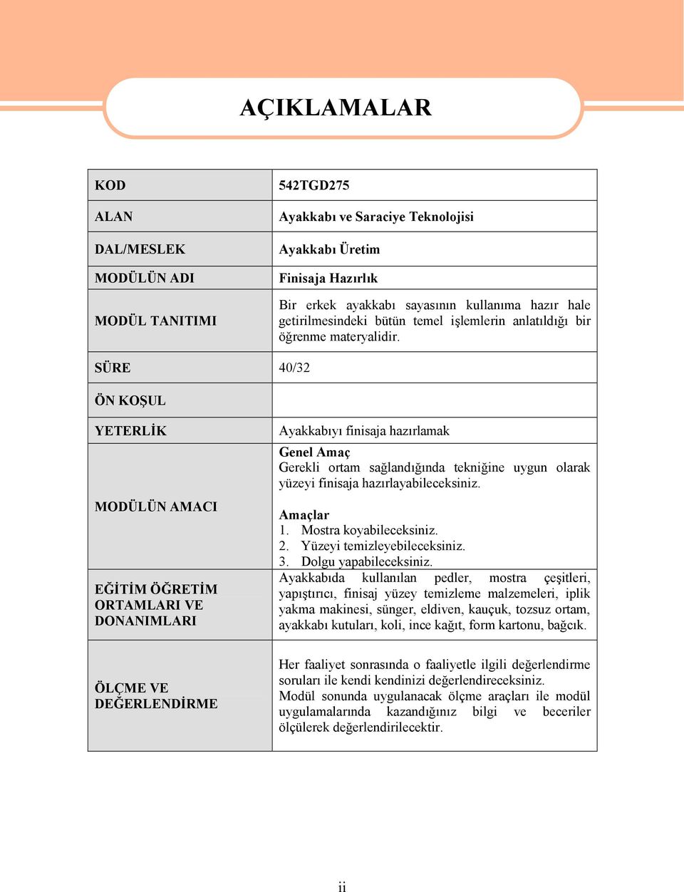 SÜRE 40/32 ÖN KOŞUL YETERLİK MODÜLÜN AMACI EĞİTİM ÖĞRETİM ORTAMLARI VE DONANIMLARI Ayakkabıyı finisaja hazırlamak Genel Amaç Gerekli ortam sağlandığında tekniğine uygun olarak yüzeyi finisaja