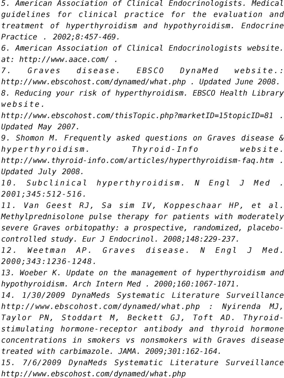 Updated June 2008. 8. Reducing your risk of hyperthyroidism. EBSCO Health Library website. http://www.ebscohost.com/thistopic.php?marketid=15topicid=81. Updated May 2007. 9. Shomon M.