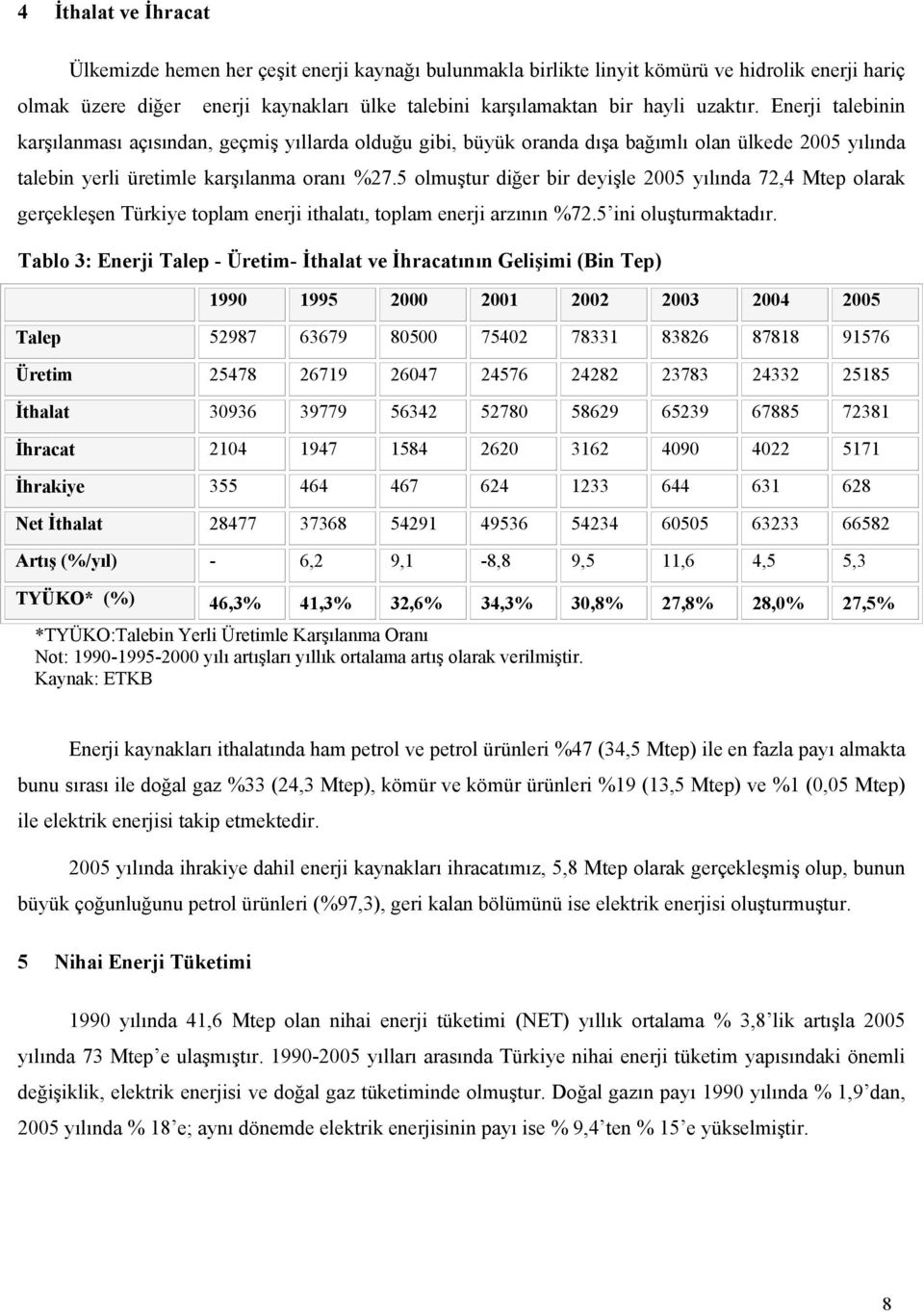 5 olmuştur diğer bir deyişle 25 yılında 72,4 Mtep olarak gerçekleşen Türkiye toplam enerji ithalatı, toplam enerji arzının %72.5 ini oluşturmaktadır.