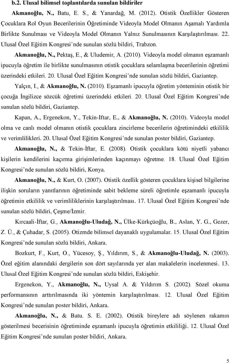 Ulusal Özel Eğitim Kongresi nde sunulan sözlü bildiri, Trabzon. Akmanoğlu, N., Pektaş, E., & Uludemir, A. (2010).