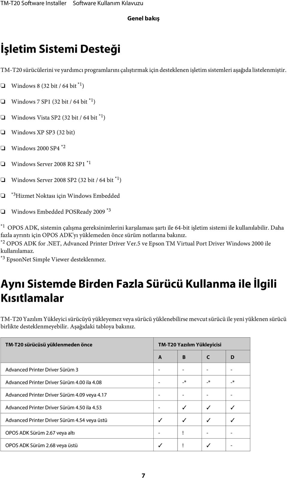 2008 SP2 (32 bit / 64 bit *1 ) *3 Hizmet Noktası için Windows Embedded Windows Embedded POSReady 2009 *3 *1 OPOS ADK, sistemin çalışma gereksinimlerini karşılaması şartı ile 64-bit işletim sistemi