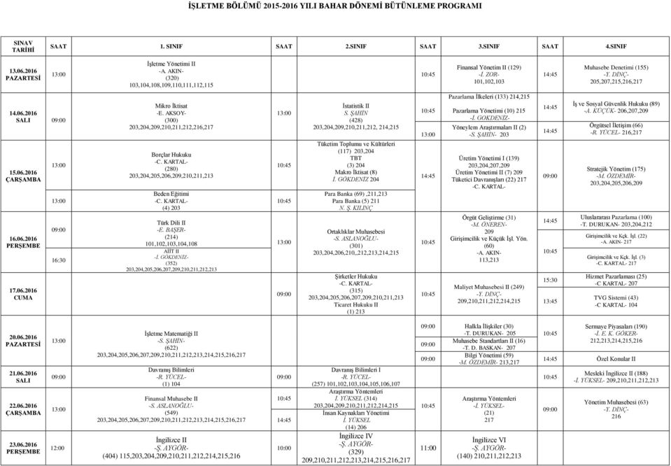 AKSOY- (300) 203,204,209,210,211,212,216, Borçlar Hukuku (280) 203,204,205,206,209,210,211,213 Beden Eğitimi (4) 203 Türk Dili II -E. BAŞER- (214) 101,102,103,104,108 AİİT II -İ.
