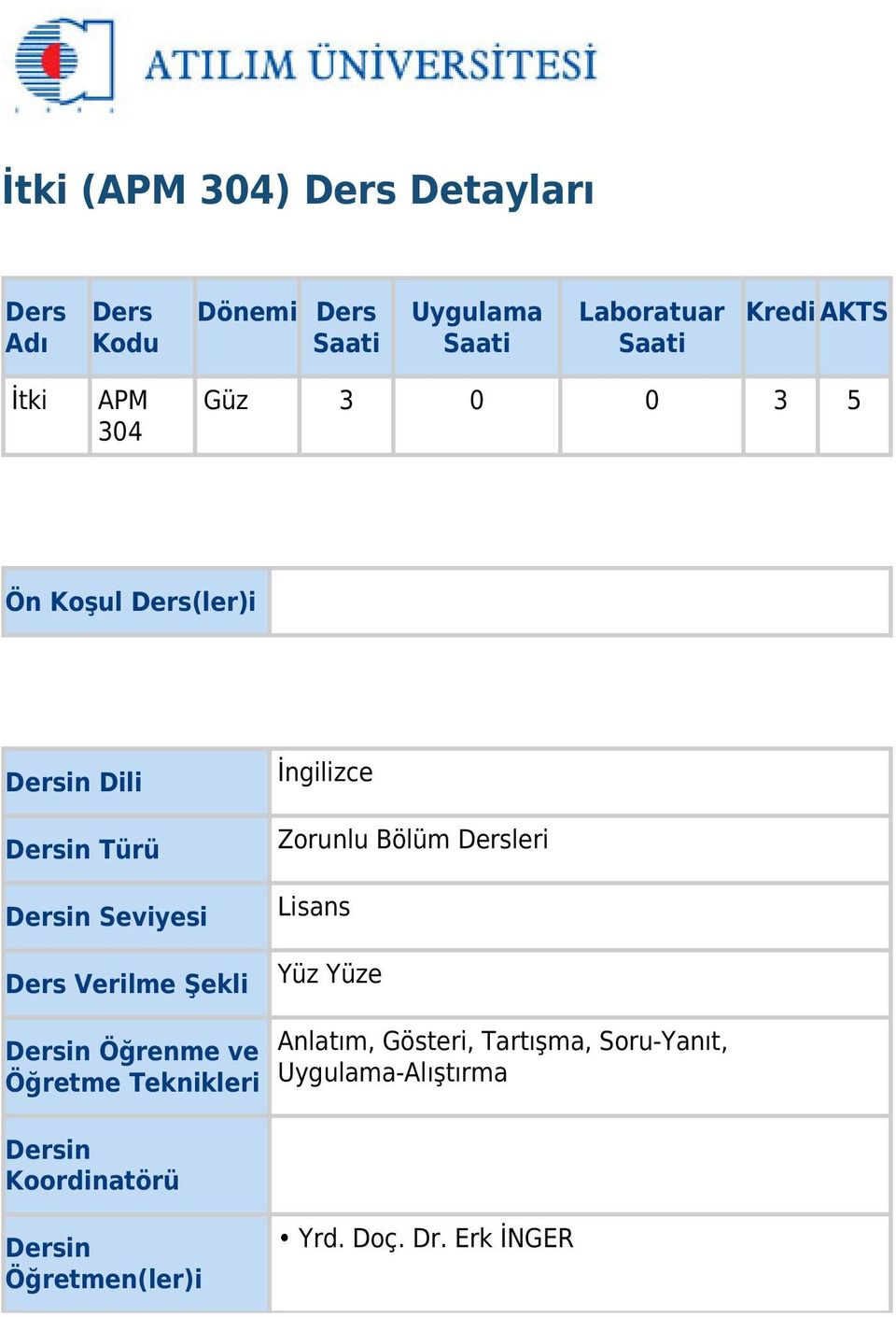 Şekli İngilizce Zorunlu Bölüm Dersleri Lisans Yüz Yüze Dersin Öğrenme ve Öğretme Teknikleri Dersin