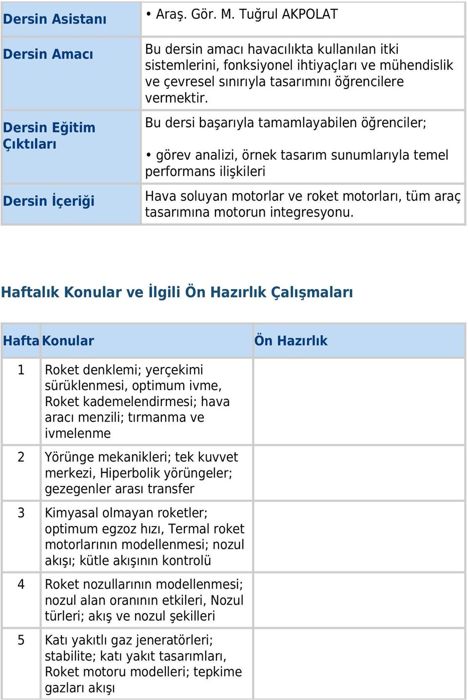 Bu dersi başarıyla tamamlayabilen öğrenciler; görev analizi, örnek tasarım sunumlarıyla temel performans ilişkileri Hava soluyan motorlar ve roket motorları, tüm araç tasarımına motorun integresyonu.