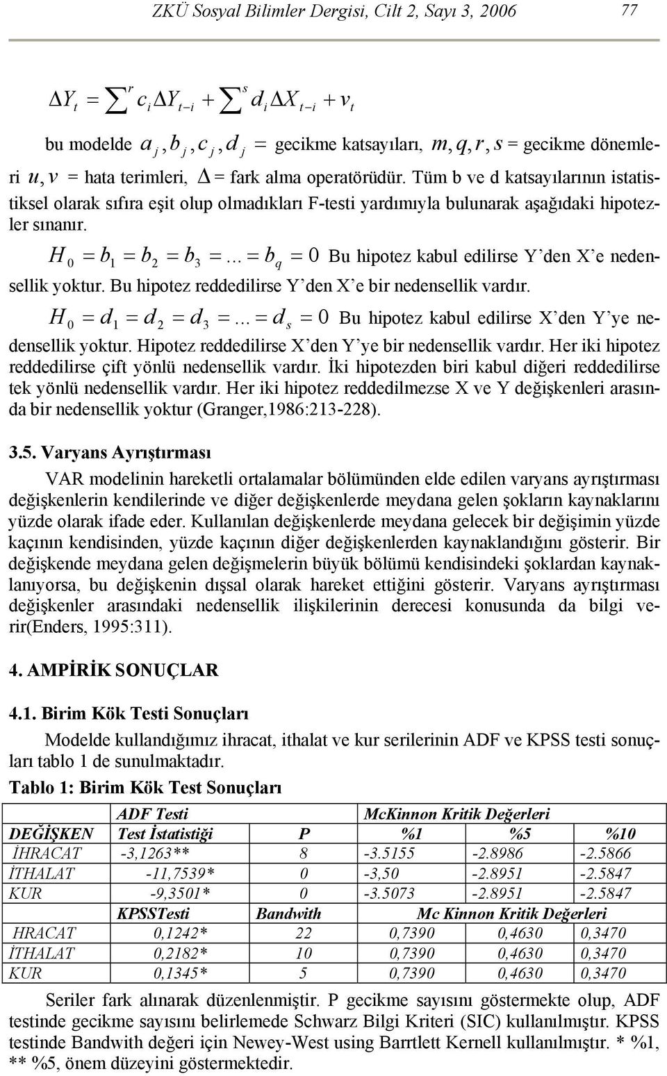 .. = b 0 Bu hipotez kabul edilirse Y den X e nedensellik yoktur. Bu hipotez reddedilirse Y den X e bir nedensellik vardır. 0 = 1 2 3 s = H d = d = d =.