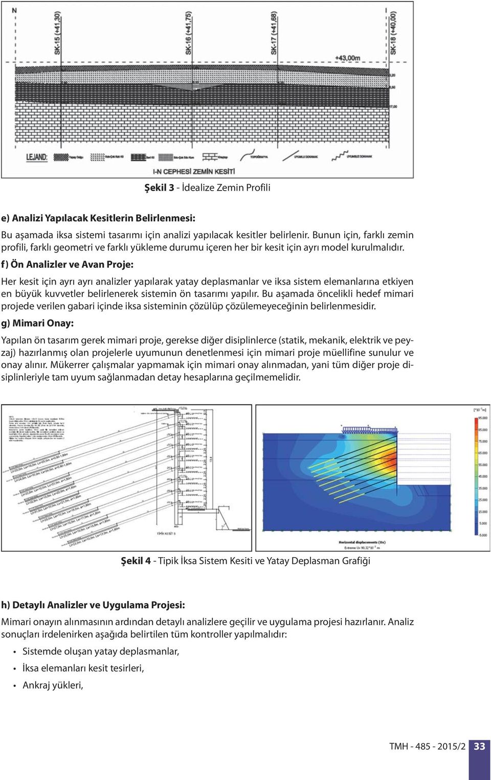 f) Ön Analizler ve Avan Proje: Her kesit için ayrı ayrı analizler yapılarak yatay deplasmanlar ve iksa sistem elemanlarına etkiyen en büyük kuvvetler belirlenerek sistemin ön tasarımı yapılır.