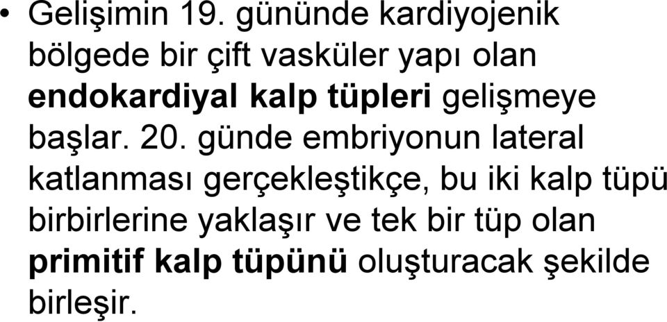 kalp tüpleri gelişmeye başlar. 20.