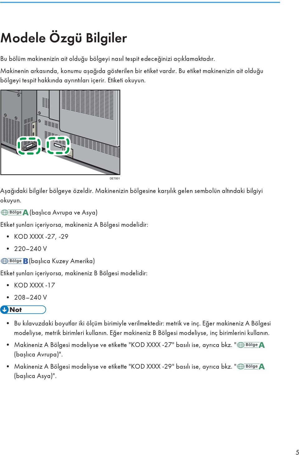 Makinenizin bölgesine karşılık gelen sembolün altındaki bilgiyi okuyun.