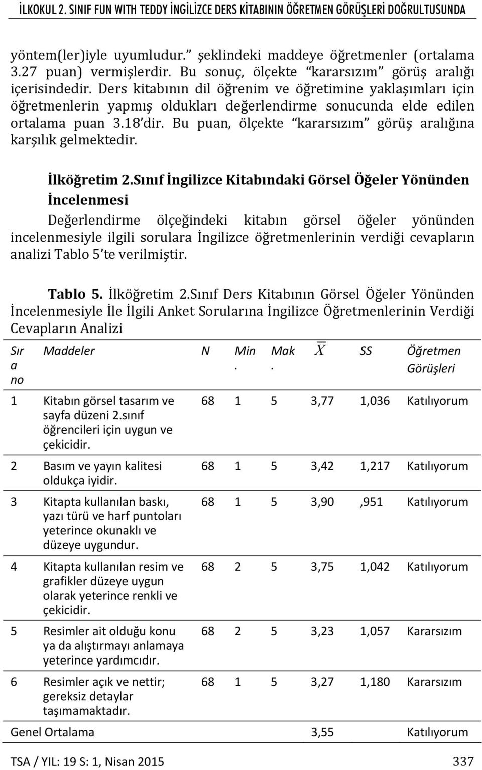 18 dir. Bu puan, ölçekte kararsızım görüş aralığına karşılık gelmektedir. İlköğretim 2.