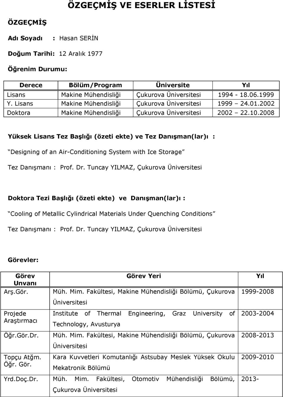 2008 Yüksek Lisans Tez Başlığı (özeti ekte) ve Tez Danışman(lar)ı : Designing of an Air-Conditioning System with Ice Storage Tez Danışmanı : Prof. Dr.