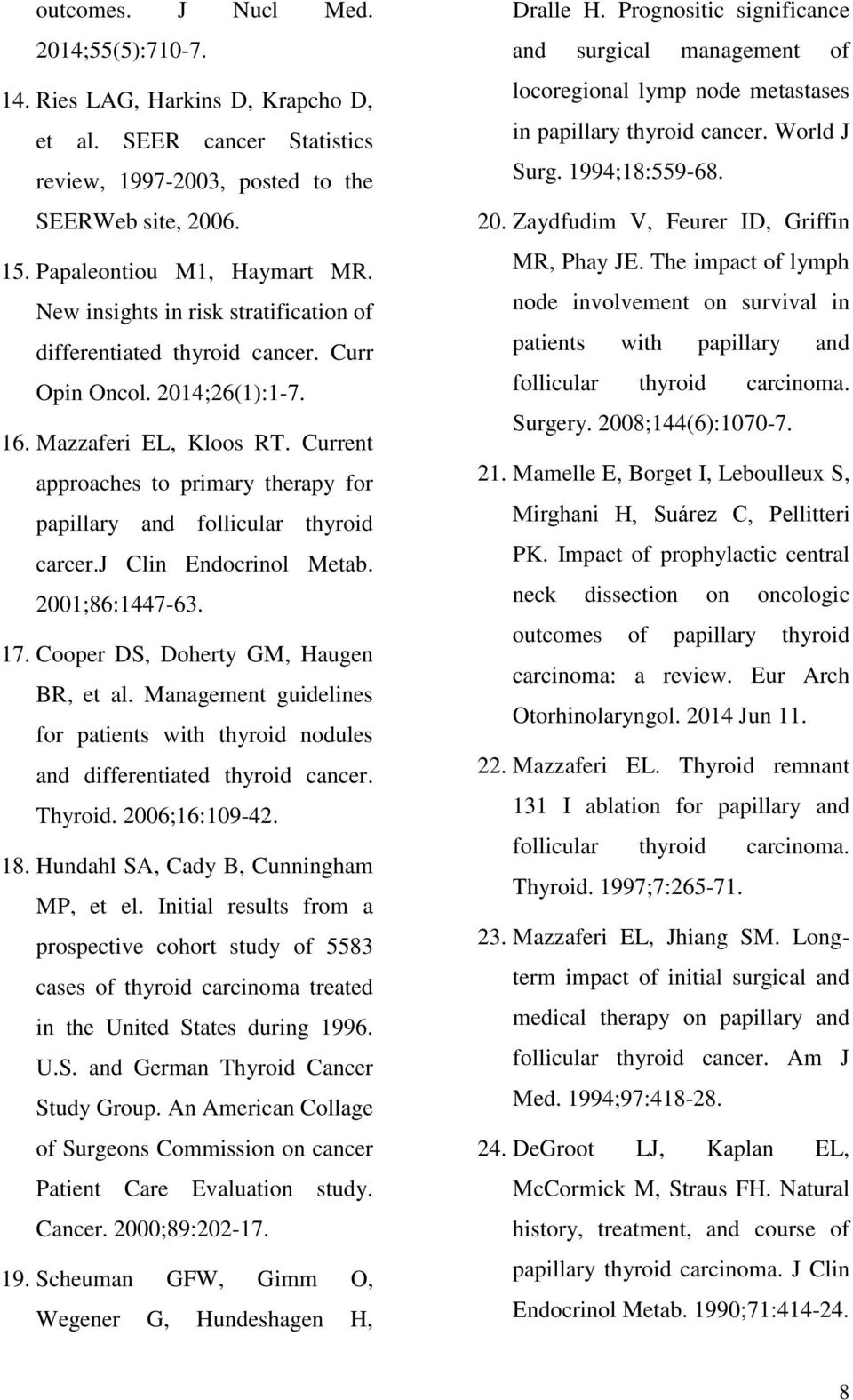 Current approaches to primary therapy for papillary and follicular thyroid carcer.j Clin Endocrinol Metab. 2001;86:1447-63. 17. Cooper DS, Doherty GM, Haugen BR, et al.