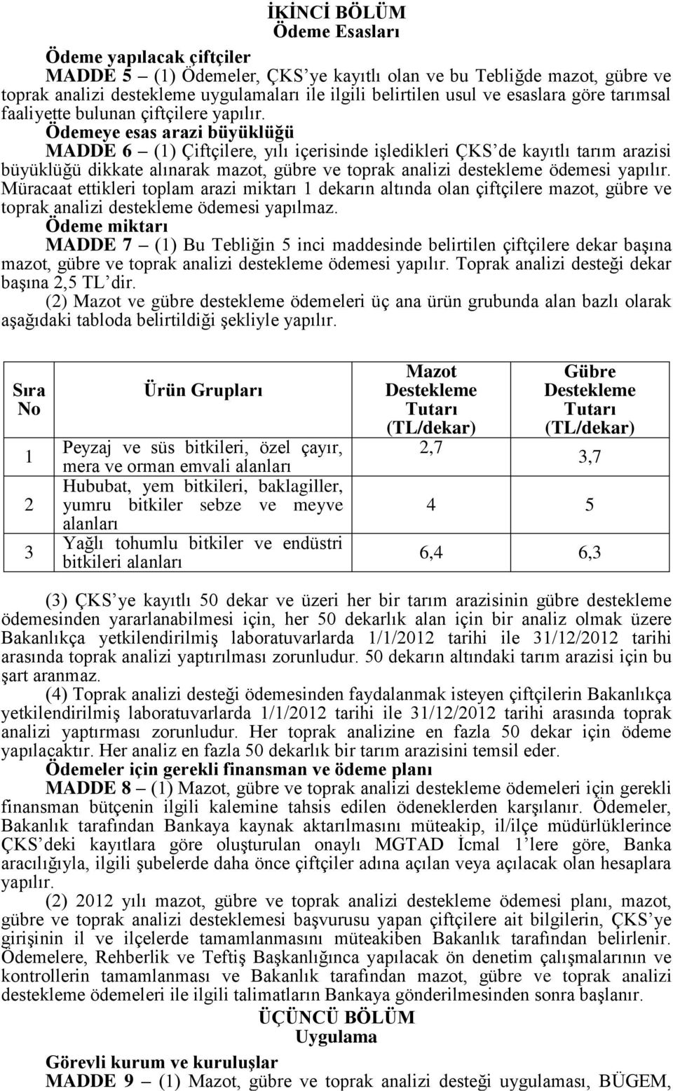 Ödemeye esas arazi büyüklüğü MADDE 6 (1) Çiftçilere, yılı içerisinde işledikleri ÇKS de kayıtlı tarım arazisi büyüklüğü dikkate alınarak mazot, gübre ve toprak analizi destekleme ödemesi yapılır.