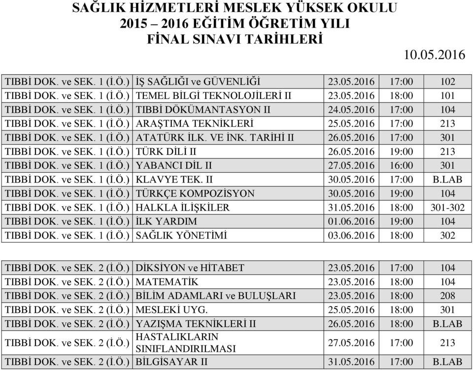 05.2016 19:00 213 TIBBİ DOK. ve SEK. 1 (İ.Ö.) YABANCI DİL II 27.05.2016 16:00 301 TIBBİ DOK. ve SEK. 1 (İ.Ö.) KLAVYE TEK. II 30.05.2016 17:00 B.LAB TIBBİ DOK. ve SEK. 1 (İ.Ö.) TÜRKÇE KOMPOZİSYON 30.