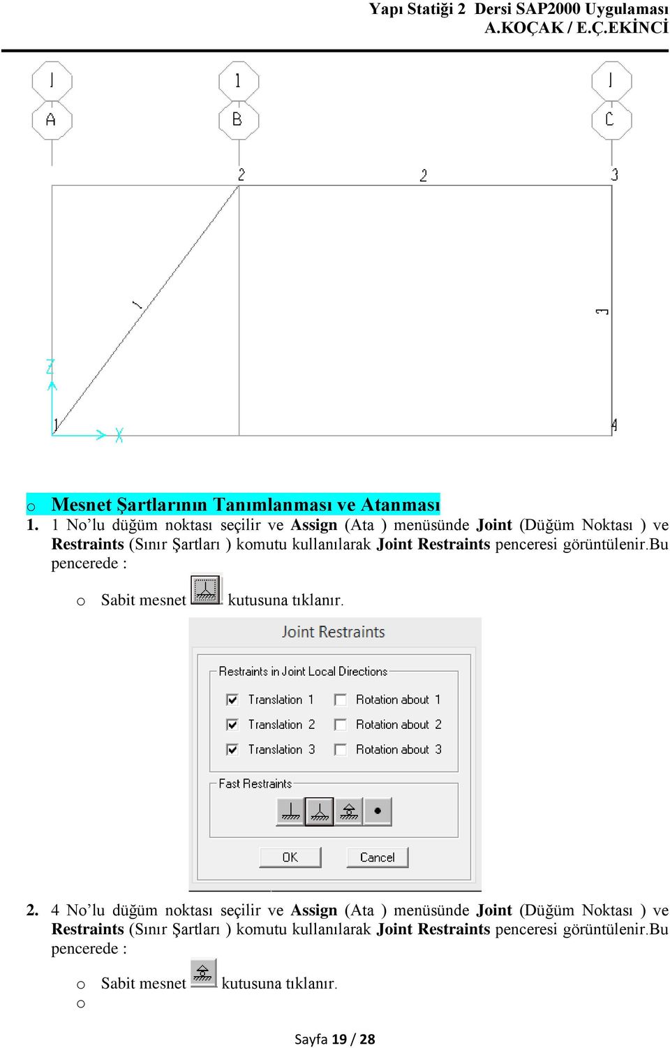 kullanılarak Joint Restraints penceresi görüntülenir.bu pencerede : o Sabit mesnet kutusuna tıklanır. 2.