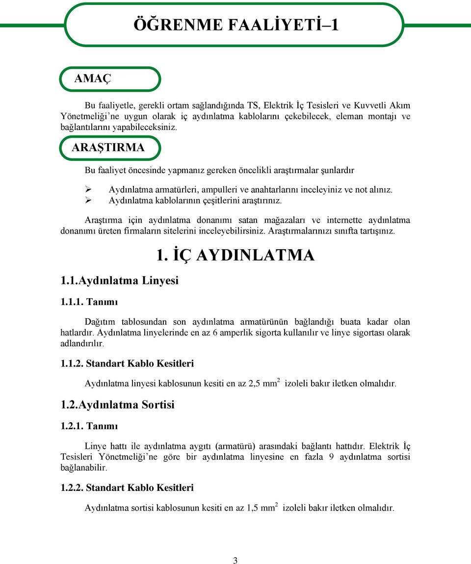 ARAġTIRMA Bu faaliyet öncesinde yapmanız gereken öncelikli araģtırmalar Ģunlardır Aydınlatma armatürleri, ampulleri ve anahtarlarını inceleyiniz ve not alınız.