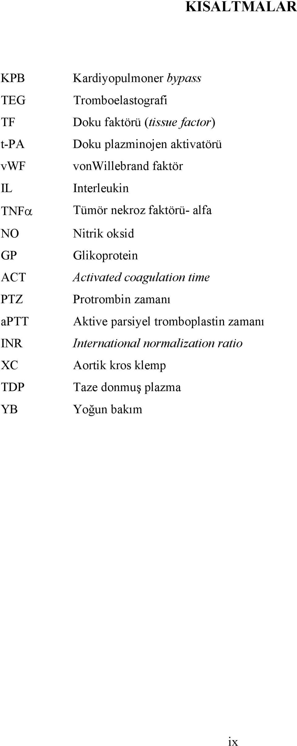 Interleukin Tümör nekroz faktörü- alfa Nitrik oksid Glikoprotein Activated coagulation time Protrombin