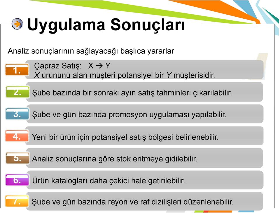 Şube bazında bir sonraki ayın satış tahminleri çıkarılabilir. Şube ve gün bazında promosyon uygulaması yapılabilir. 4.