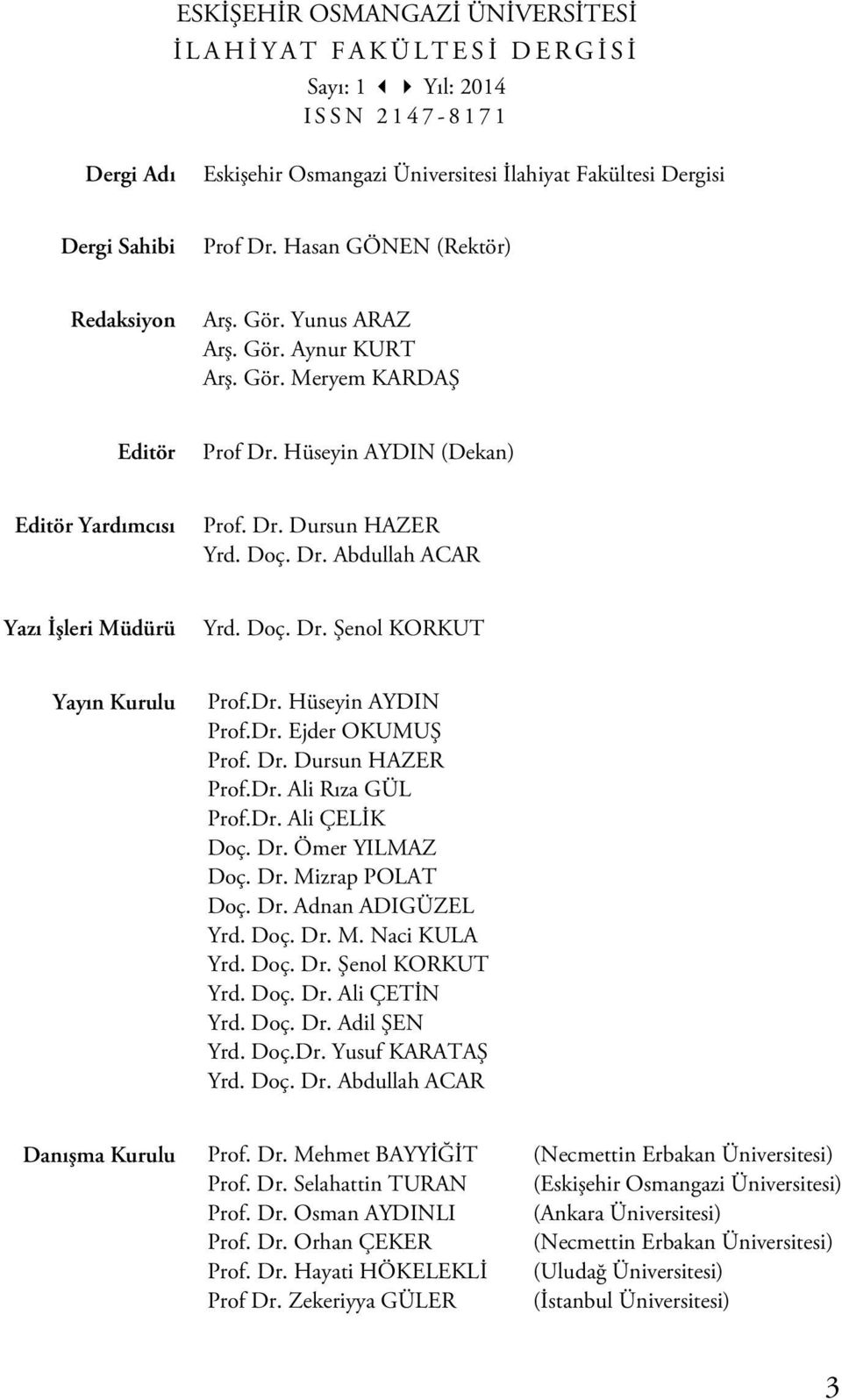 Doç. Dr. Şenol KORKUT Yayın Kurulu Prof.Dr. Hüseyin AYDIN Prof.Dr. Ejder OKUMUŞ Prof. Dr. Dursun HAZER Prof.Dr. Ali Rıza GÜL Prof.Dr. Ali ÇELİK Doç. Dr. Ömer YILMAZ Doç. Dr. Mizrap POLAT Doç. Dr. Adnan ADIGÜZEL Yrd.