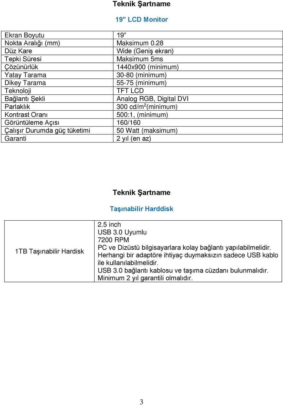 RGB, Digital DVI Parlaklık 300 cd/m 2 (minimum) Kontrast Oranı 500:1, (minimum) Görüntüleme Açısı 160/160 Çalışır Durumda güç tüketimi 50 Watt (maksimum) 2 yıl (en az) Teknik Şartname