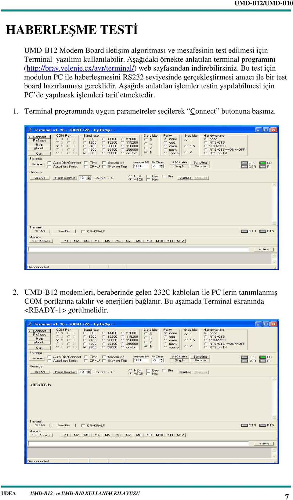 Aaıda anlatılan ilemler testin yapılabilmesi için PC de yapılacak ilemleri tarif etmektedir. 1. Terminal programında uygun parametreler seçilerek Connect butonuna basınız. 2.