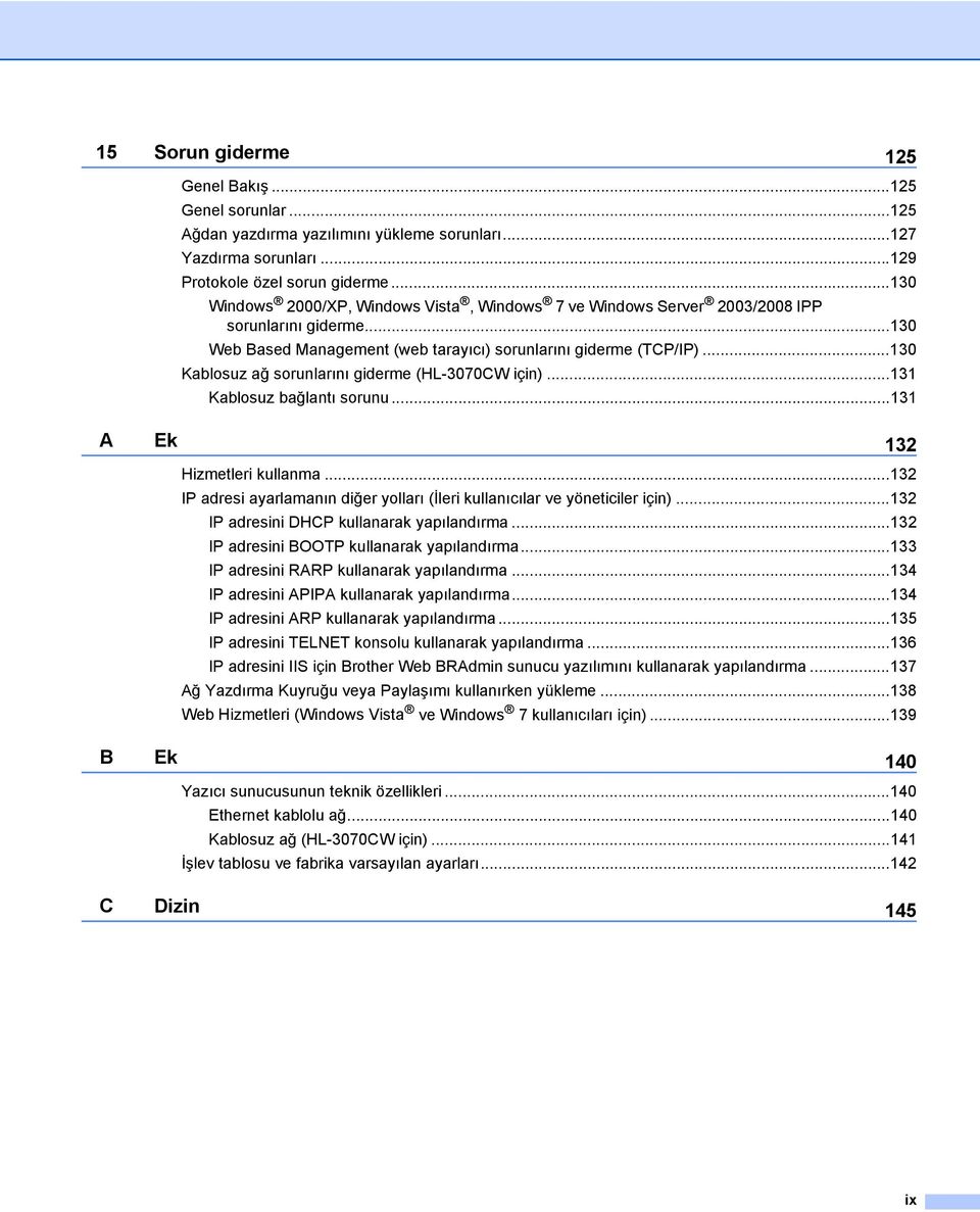 ..130 Kablosuz ağ sorunlarını giderme (HL-3070CW için)...131 Kablosuz bağlantı sorunu...131 A Ek 132 Hizmetleri kullanma.