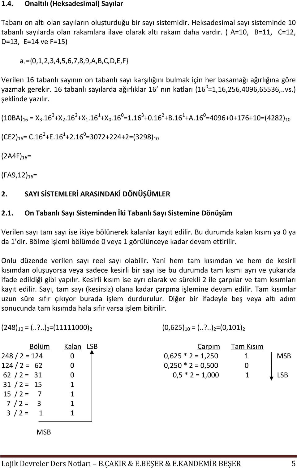 ( A=10, B=11, C=12, D=13, E=14 ve F=15) a i ={0,1,2,3,4,5,6,7,8,9,A,B,C,D,E,F} Verilen 16 tabanlı sayının on tabanlı sayı karşılığını bulmak için her basamağı ağırlığına göre yazmak gerekir.