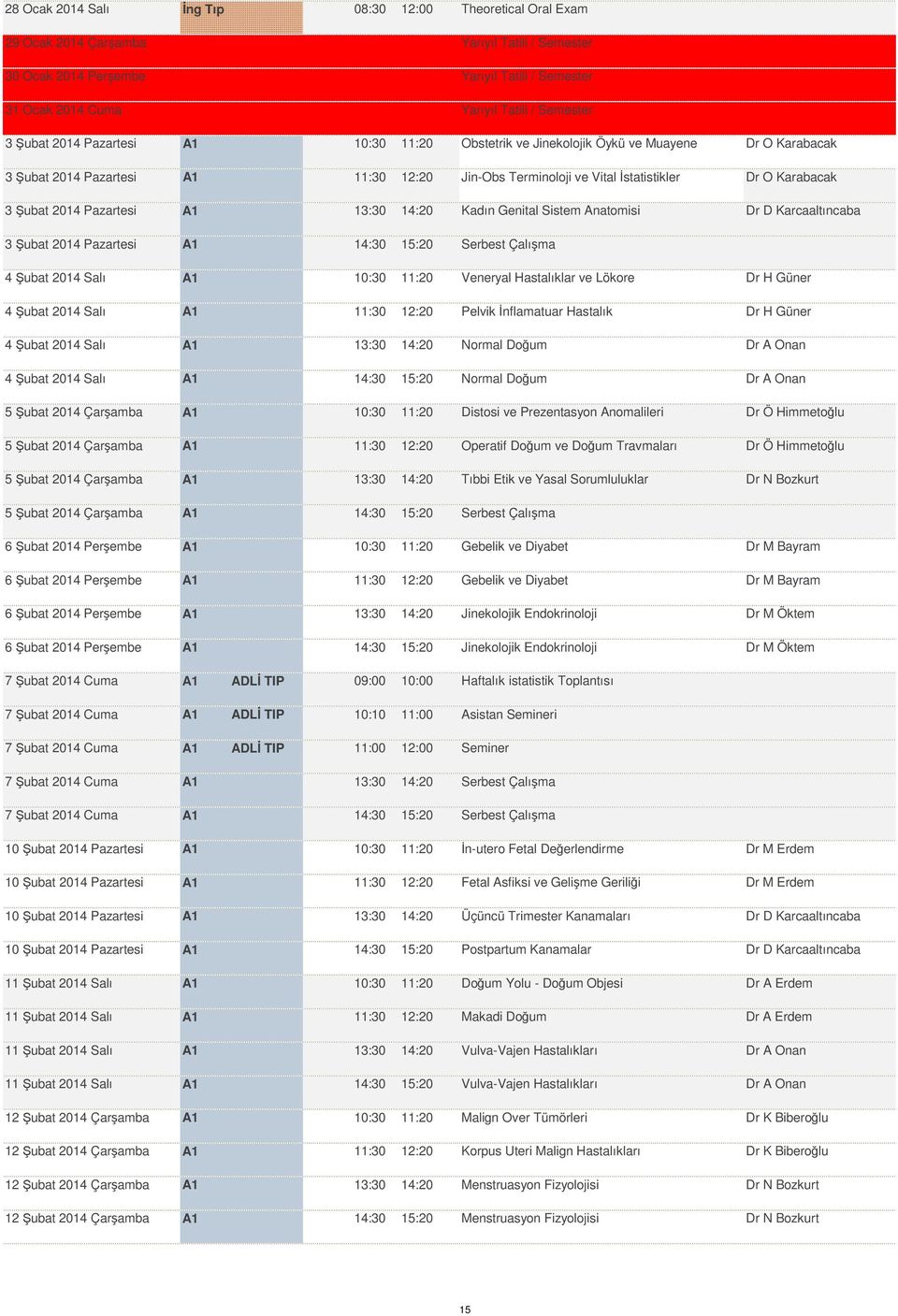 2014 Pazartesi A1 13:30 14:20 Kadın Genital Sistem Anatomisi Dr D Karcaaltıncaba 3 Şubat 2014 Pazartesi A1 14:30 15:20 Serbest Çalışma 4 Şubat 2014 Salı A1 10:30 11:20 Veneryal Hastalıklar ve Lökore