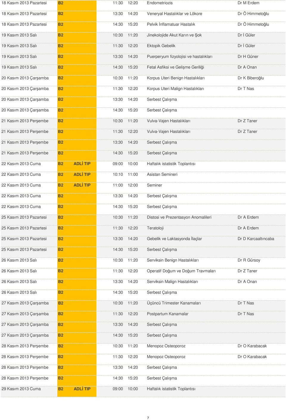 13:30 14:20 Puerperyum fizyolojisi ve hastalıkları Dr H Güner 19 Kasım 2013 Salı B2 14:30 15:20 Fetal Asfiksi ve Gelişme Geriliği Dr A Onan 20 Kasım 2013 Çarşamba B2 10:30 11:20 Korpus Uteri Benign