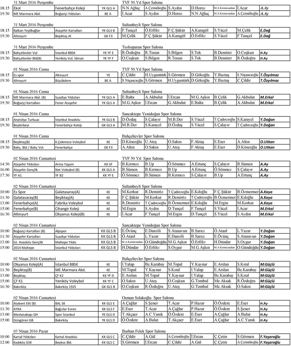 Tunçel Tozkoparan Spor Salonu 18:15 Bahçelievler Vol İstanbul BBSK YK YF E R.Özdoğru R.Tosun S.Bilgen S.Tok B.Demirer O.Coşkun H.Ay 19:30 Bahçelievler Bld(B) Yeniköy Vol. İdman YK YF F O.Coşkun S.