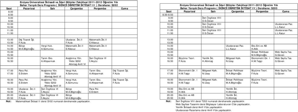 Atik İktisat Politikası Ekonometri.Gir. I H.M.Taşçı 1 1 1 1 Yıldız S202 Altıntaş Amfi VI Yıldız S202 Altıntaş Amfi VI Uluslarar. İkt.II Bütçe Uluslarar. İkt.II Bütçe Matematiksel İktisat II dersi S102 numaralı dershanede yapılacaktır.
