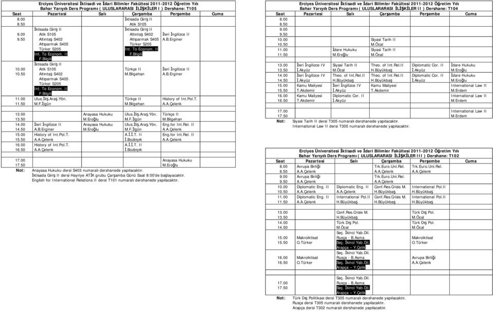 English for International Relations II dersi T101 numaralı dershanede yapılacaktır. Bahar Yarıyılı Ders Programı ( ULUSLARARASI İLİŞKİLER II ) Dershane: T104 Siyasi Tarih II M.