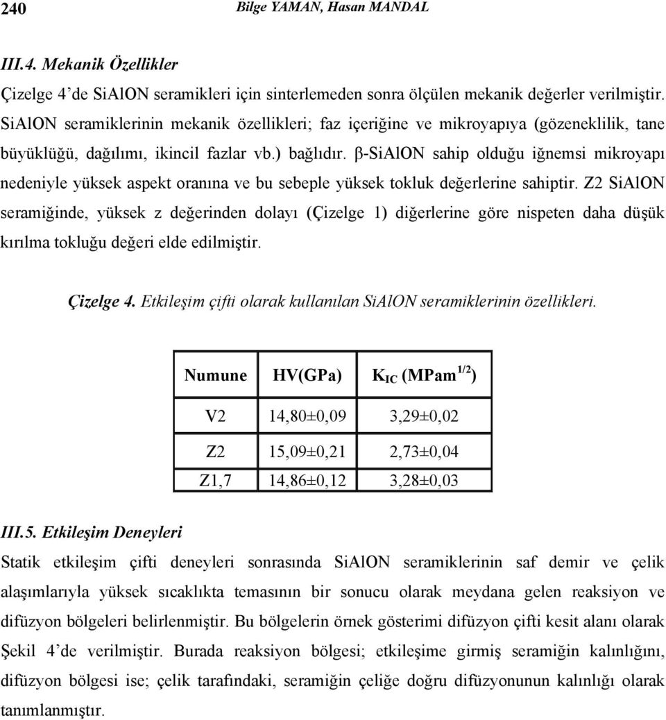 β-sialon sahip olduğu iğnemsi mikroyapı nedeniyle yüksek aspekt oranına ve bu sebeple yüksek tokluk değerlerine sahiptir.