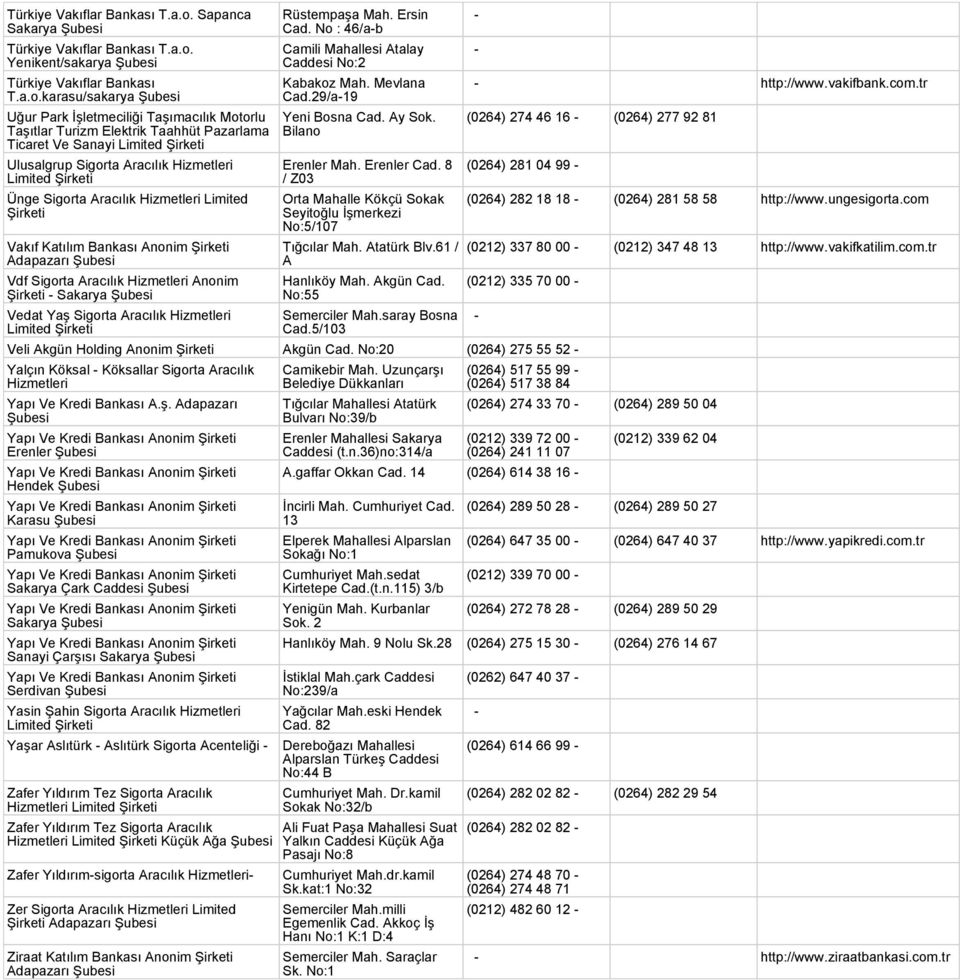 Aracılık Limited Vakıf Katılım Bankası Anonim Adapazarı Vdf Sigorta Aracılık Anonim Sakarya Vedat Yaş Sigorta Aracılık Rüstempaşa Mah. Ersin Cad.